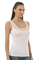 Özkan 20575 Kadın Pamuklu Likralı Süprem Tül Detaylı Kalın Askılı Havuz Yaka Atlet - Thumbnail