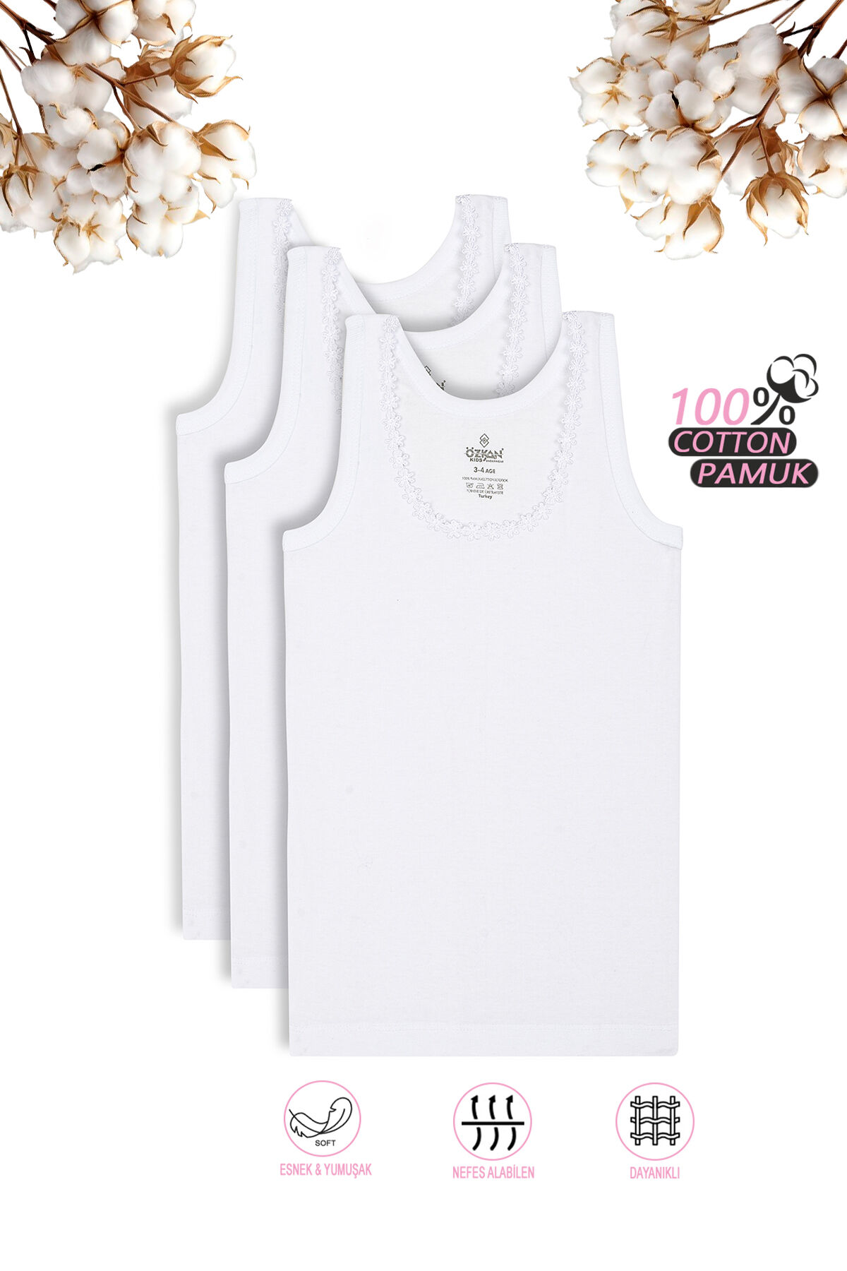 Özkan 0800 3'lü Paket Kız Çocuk %100 Pamuklu Ribana Esnek Rahat Yakası Çiçek Desenli Kalın Askılı Atlet
