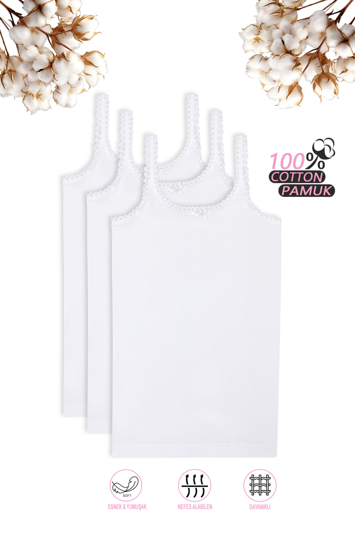 Özkan 1610 3'lü Paket Kız Çocuk %100 Pamuklu Ribana Yakası Dantel Detaylı Esnek Rahat İnce Askılı Örme Atlet