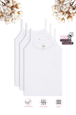 Özkan Underwear - Özkan 0805 3'lü Paket Kız Çocuk %100 Pamuklu Ribana Esnek Rahat Yakası Brode Papatya Detaylı İp Askılı Atlet
